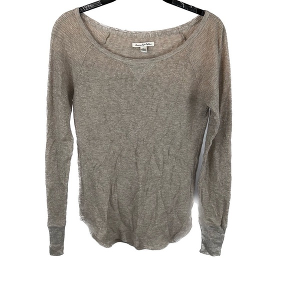 American Eagle Sweater Crewneck Long Sleeve Shimmer Tight Waffle Knit Round Hem - Picture 1 of 11